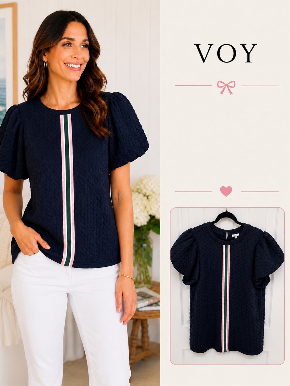 Navy Textured Puff Sleeve Top with Pink & Green Stripe